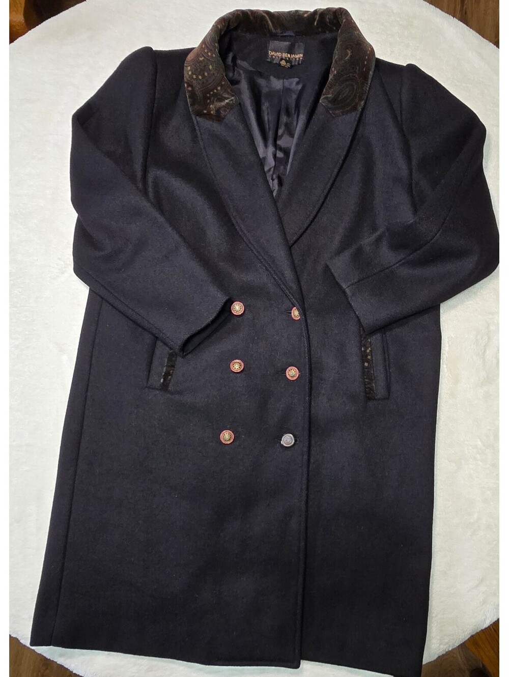 VTG 90s David Benjamin Wool Power Coat 14 Paisley Velvet Collar Shoulder Pads